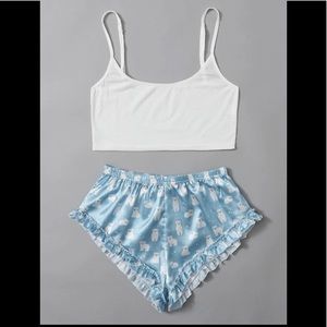 Cute Adjustable Straps Crop Cami Top & Satin Ruffle Trim W/Bears Short Shorts